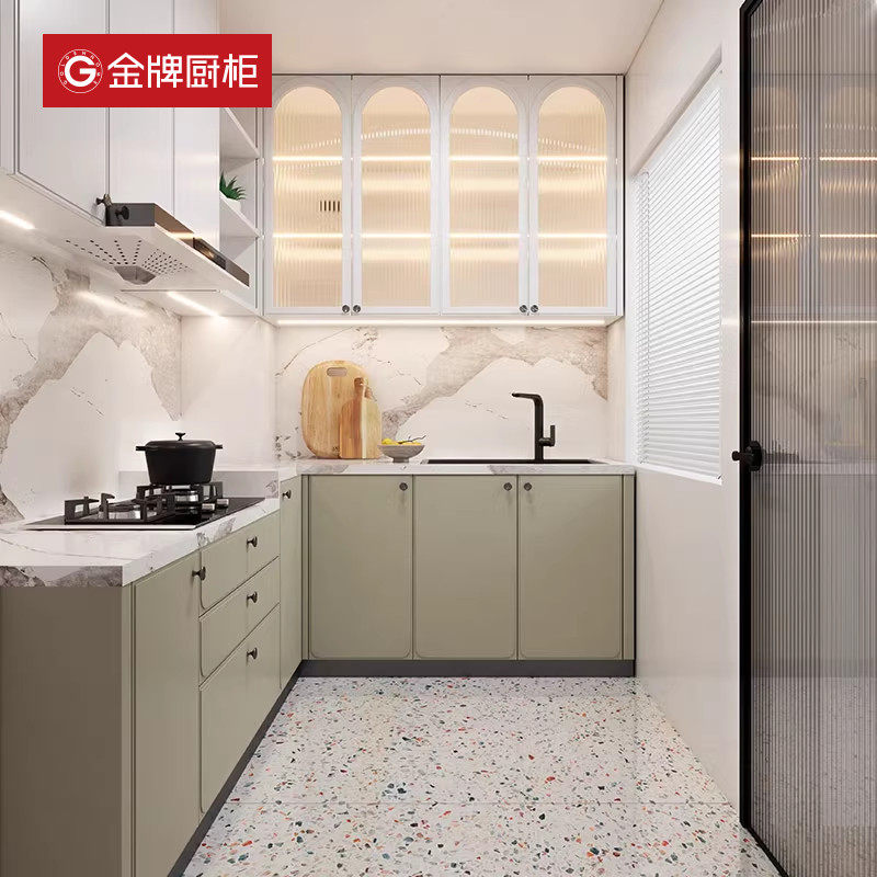金牌厨柜整体橱柜定制家用台面石英石厨房一体式橱柜灶台柜定做