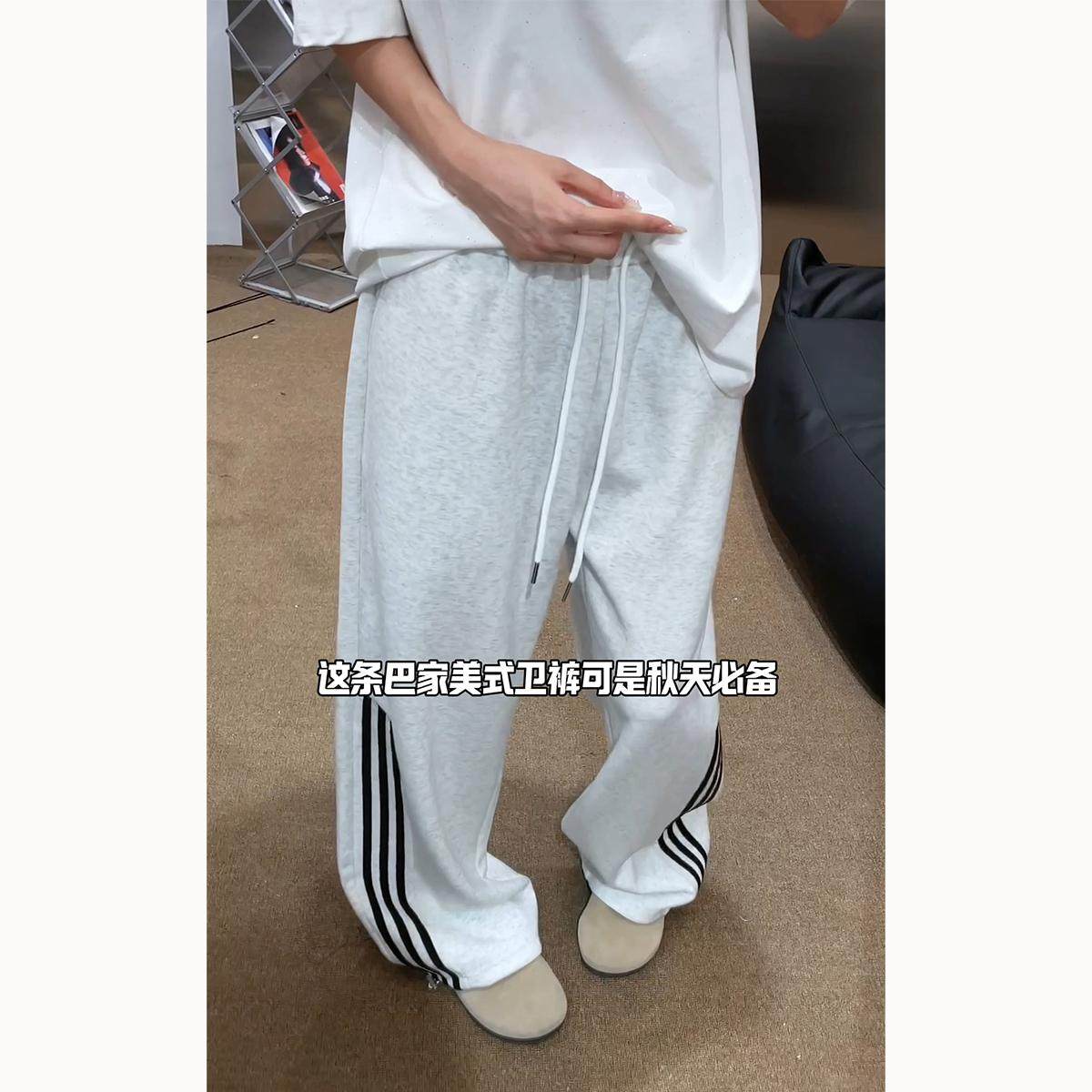 美式宽松卫裤男刺绣条纹休闲长裤图片