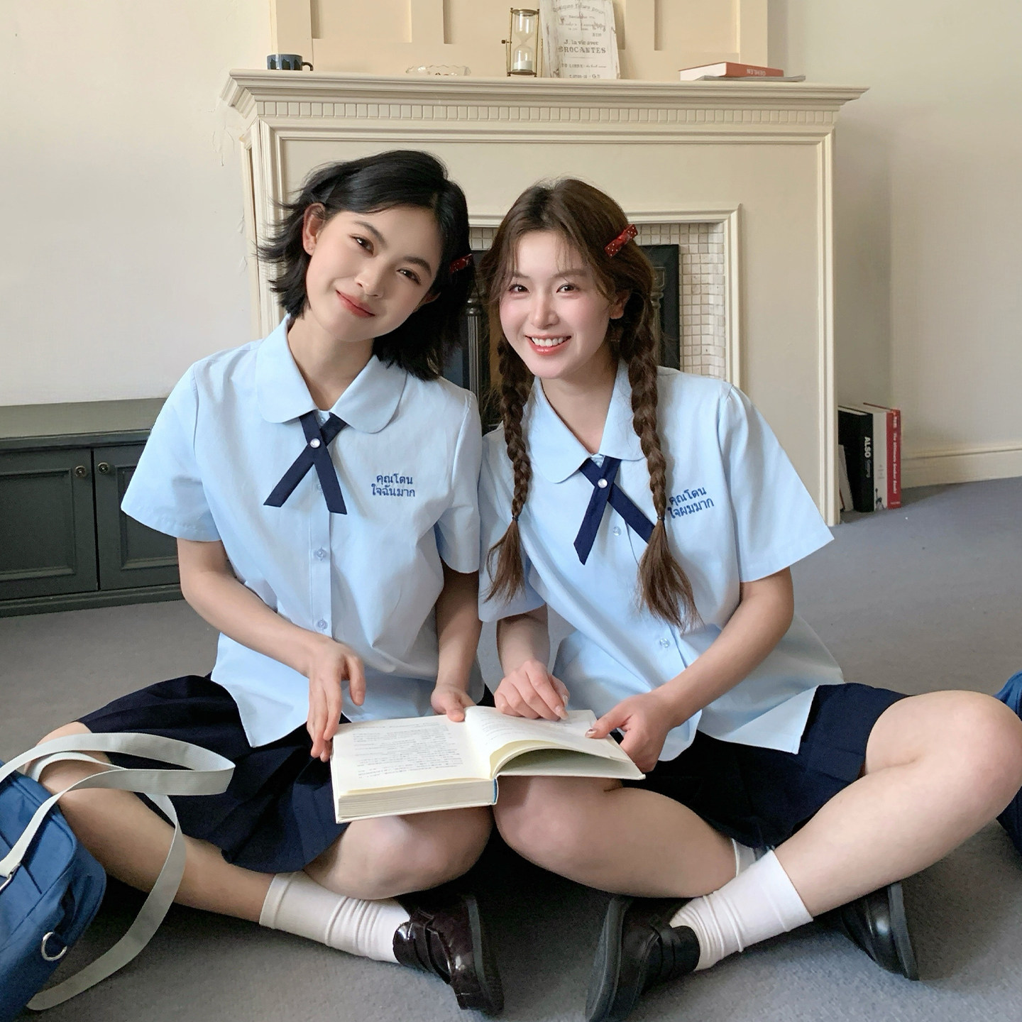 东京岁时记jk女夏短袖衬衫水蓝色小个子圆领上衣泰式学生制服套装
