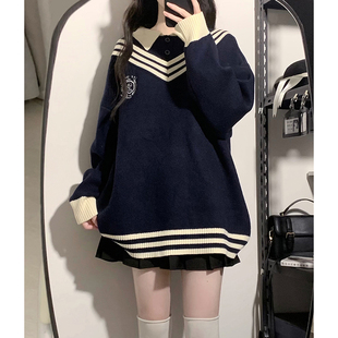 东京岁时记jk套头毛衣上衣高领蓝色学院穿搭慵懒风假两件毛衣刺绣