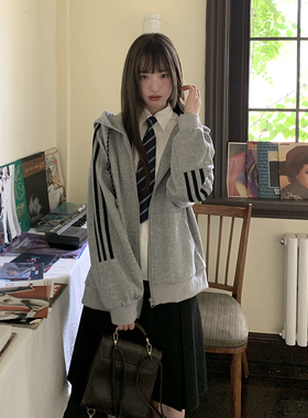 东京岁时记jk刺绣初秋灰色卫衣开衫拉链宽松舒适秋季学院风外套女