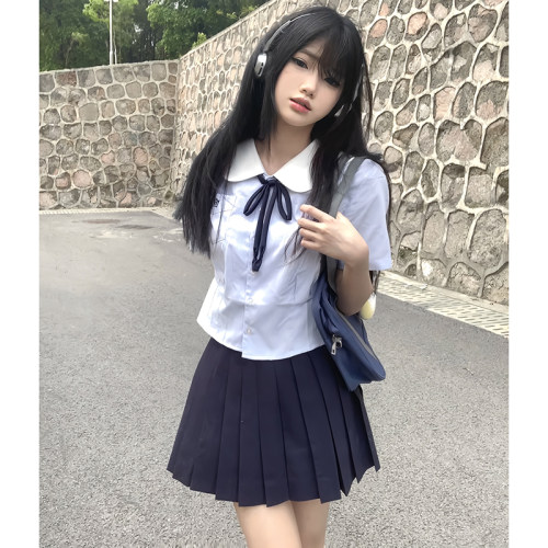 收腰制服短袖蓝色衬衫女初恋亿次