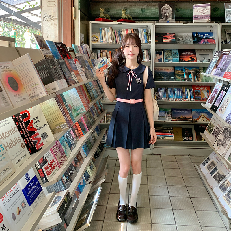 学院风海军蓝百褶裙女夏新款
