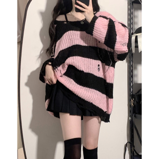 东京岁时记JK原创春秋季 日系慵懒风甜美条纹上衣黑粉撞色破洞毛衣