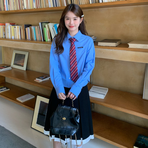 学院风蓝色长袖衬衫女基础款