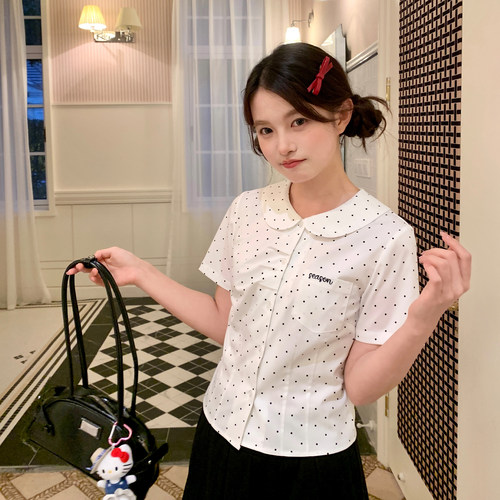 东京岁时记JK新款波点短袖衬衫白色女夏季减龄娃娃领甜美百搭上衣