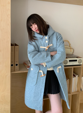 东京岁时记jk秋冬牛角扣蓝色毛呢外套女小个子中长款呢子大衣保暖