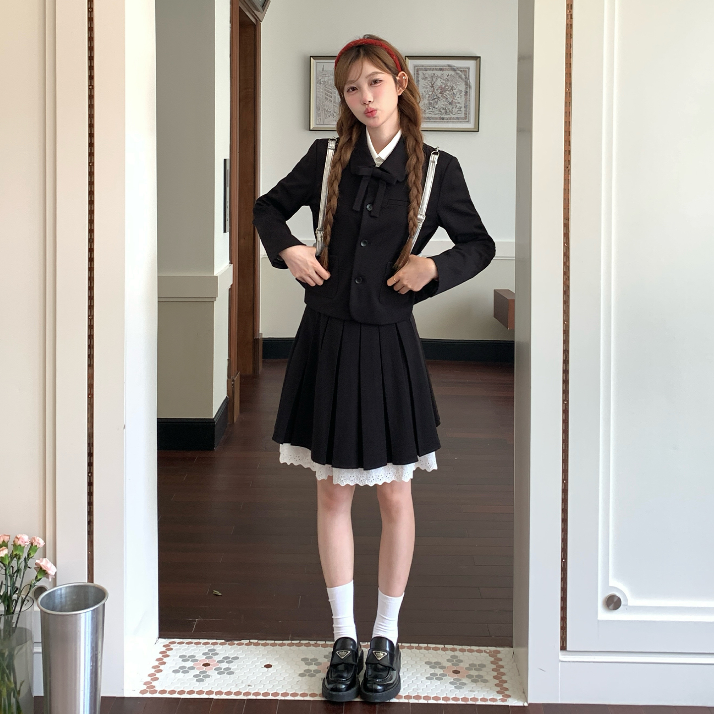 东京岁时记jk制服学院风黑色西服设计感蝴蝶结小西装套装外套女秋
