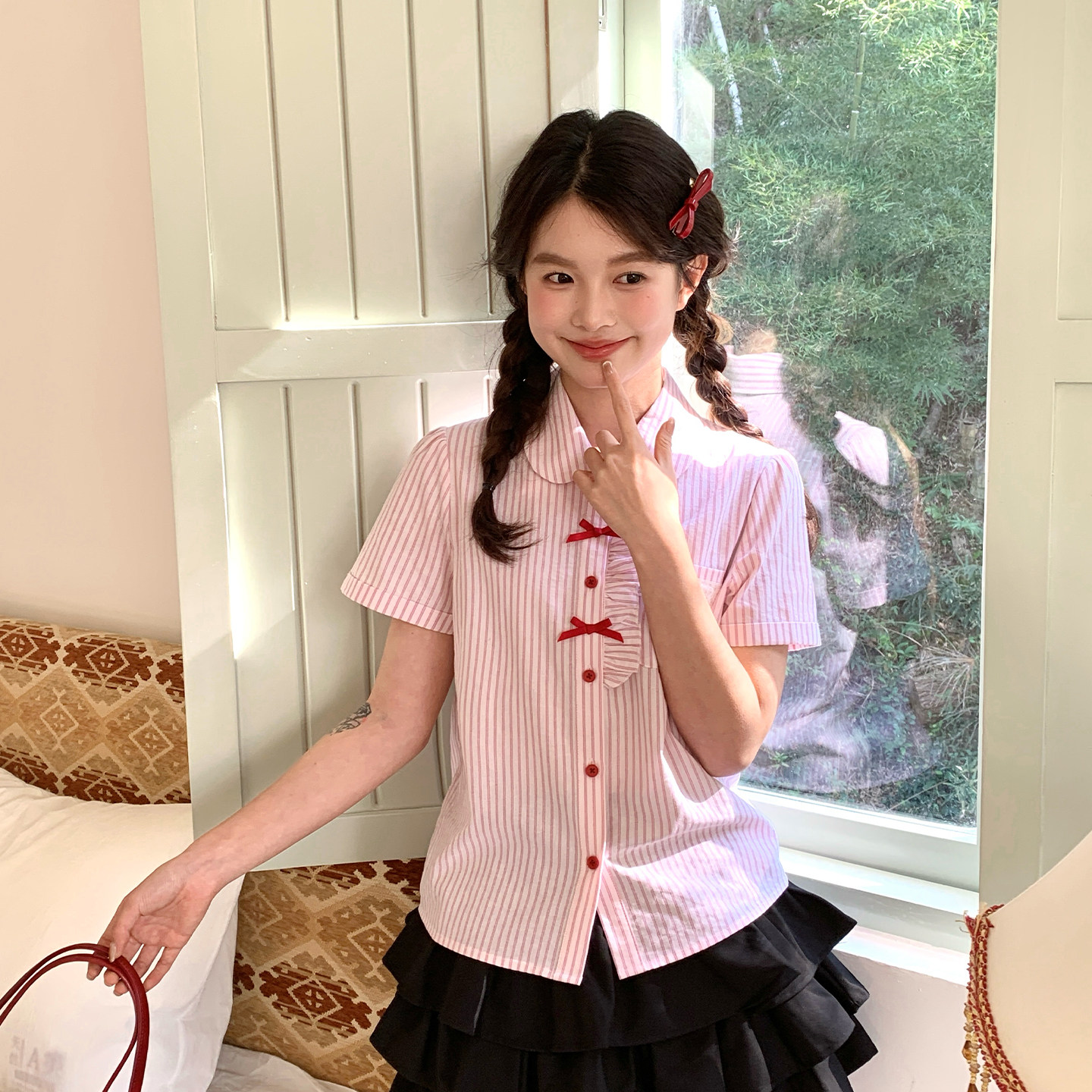 东京岁时记jk夏季新款粉色少女条纹娃娃领衬衫小个子甜美可爱上衣