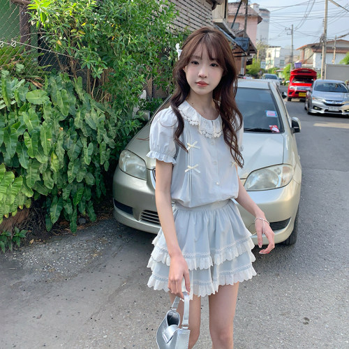 雾蓝色衬衫半身裙套装