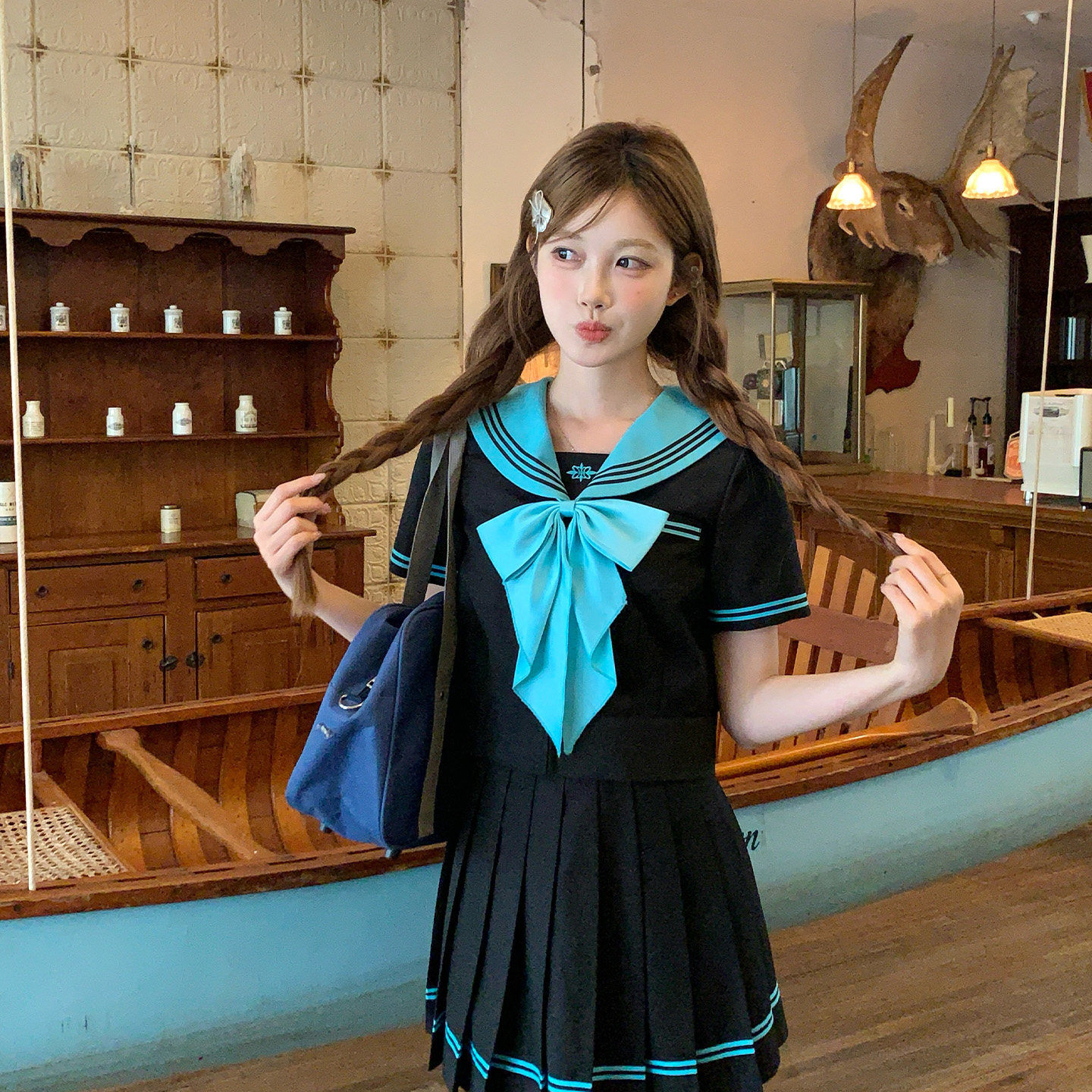 东京岁时记jk原创正版黑撞绿日系短袖水手服女夏校供制服上衣