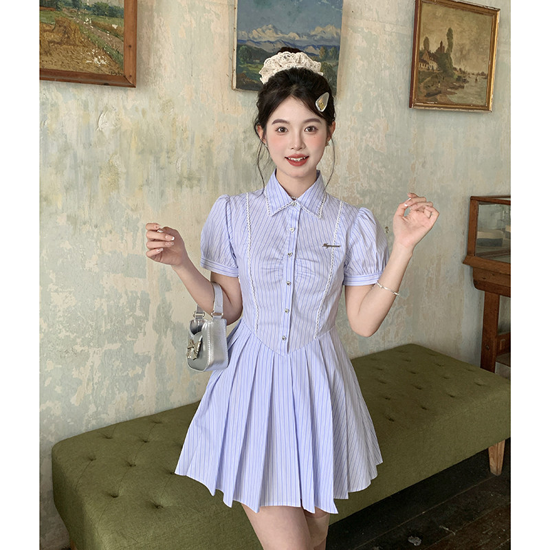 东京岁时记jk连衣裙女夏学院风条纹短袖修身衬衫裙百褶裙夏日晚风