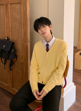 东京岁时记dk秋冬新款黄色V领保暖毛衣宽松时尚学院风针织开衫男
