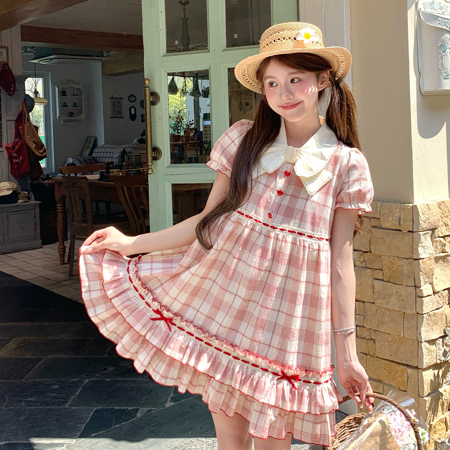 东京岁时记jk夏季新款红格米色少女格纹连衣裙甜美减龄花边蛋糕裙