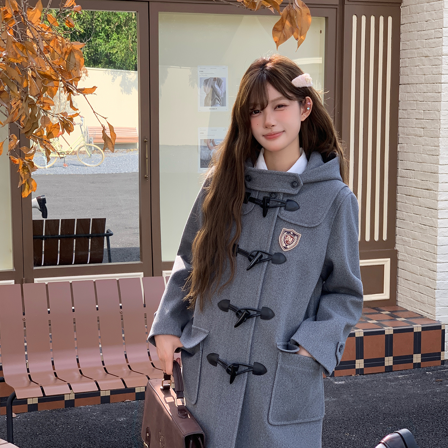 日系学院风女小个子灰色毛呢大衣