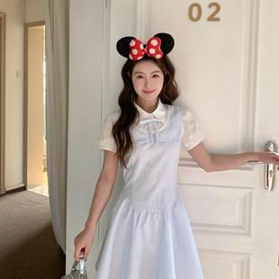 东京岁时记jk夏季 假两件设计蓝格连衣裙女收腰显瘦甜美娃娃领短裙