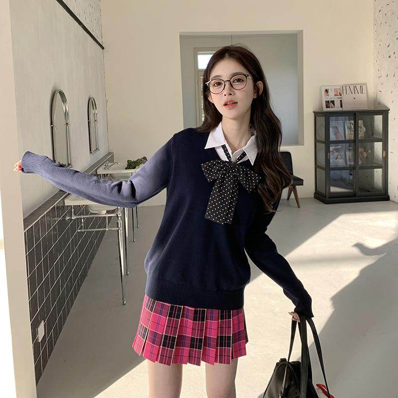 东鲸岁时记jk制服日系学院风针织套头毛衣女叠穿百褶裙套装女早秋