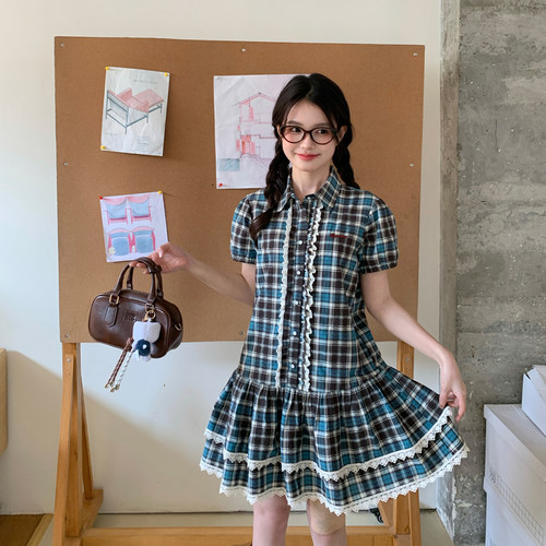 东京岁时记jk蓝棕格短袖连衣裙女