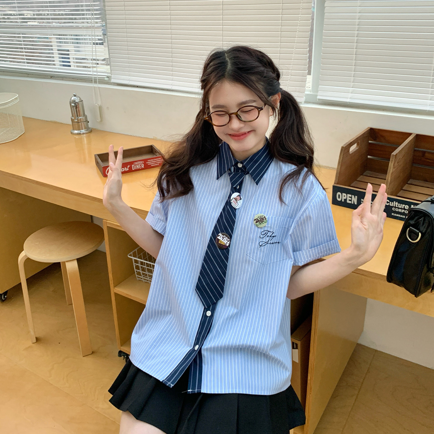 东京岁时记jk原创正版蓝色条纹短袖衬衫女夏季小个子刺绣口袋上衣