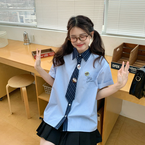 东京岁时记jk蓝色条纹短袖衬衫女