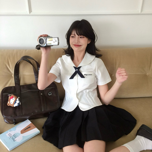 东京岁时记JK白色收腰短袖衬衫女