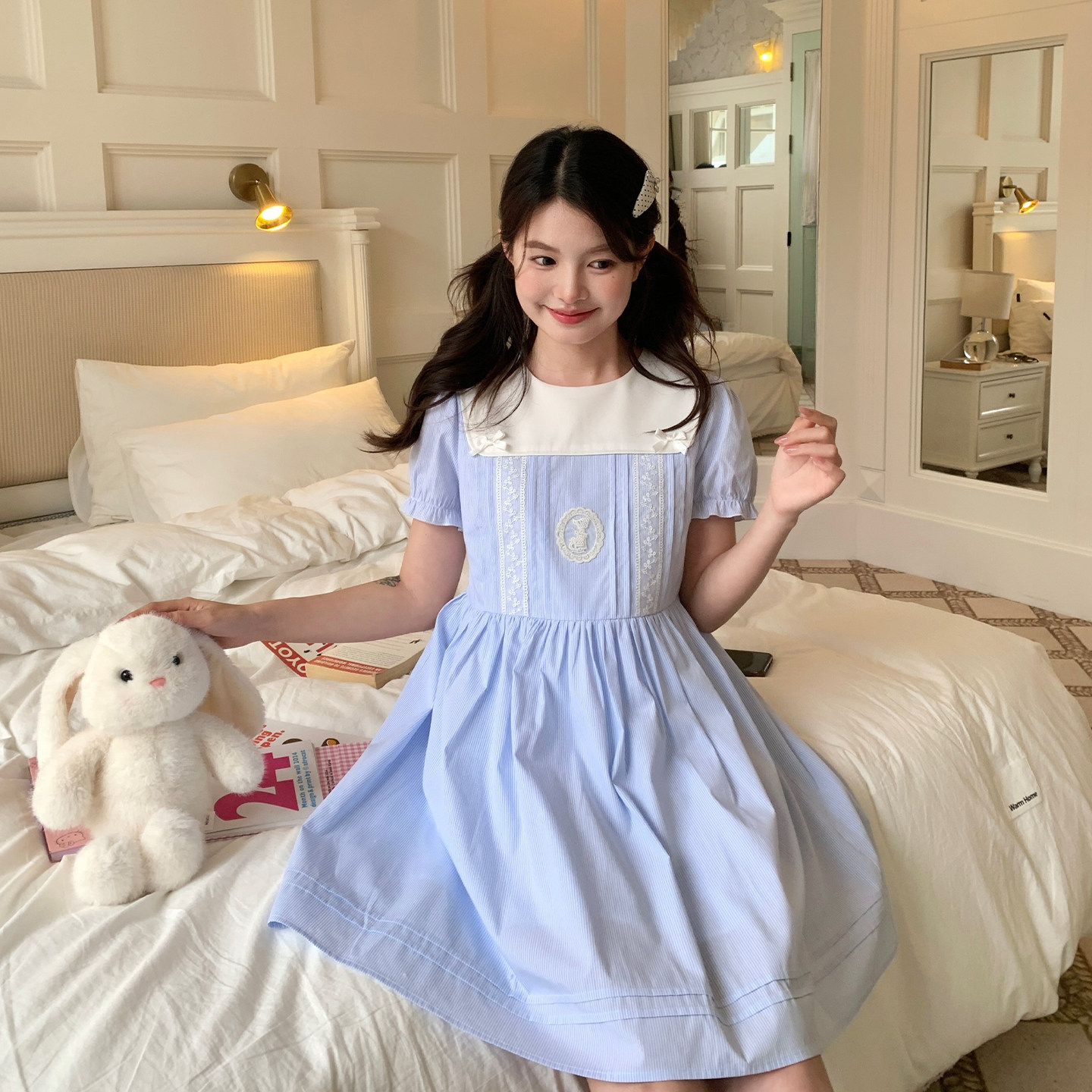 东京岁时记jk花边连衣裙蓝色短袖甜美泡泡袖夏季撞色刺绣蕾丝裙子