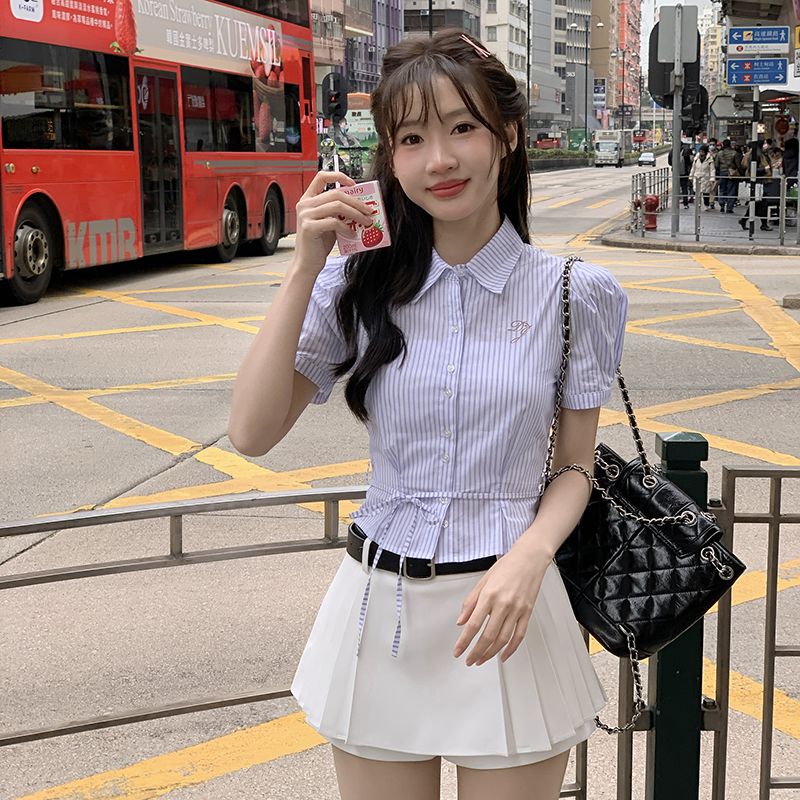 法式学院风条纹短袖衬衫夏季新款