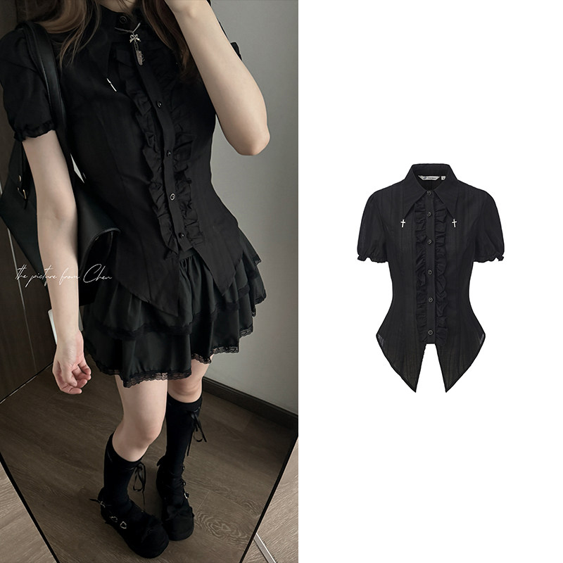 thumbnail for Tokyo Suishiki JK original design Japanese-style girly black shirt, summer lace cake skirt, short skirt set