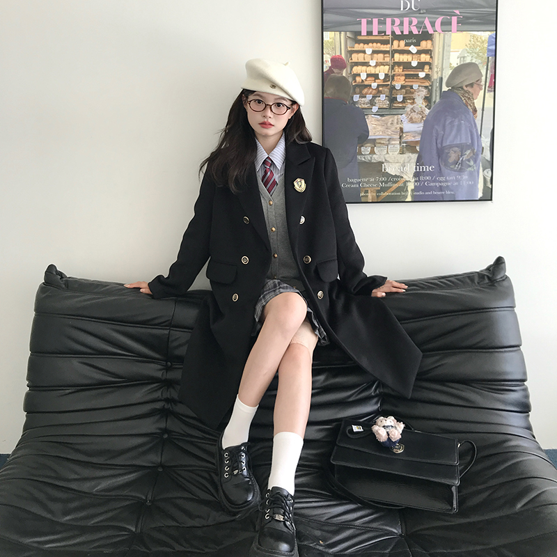 黑色毛呢外套中长款东京岁时记jk