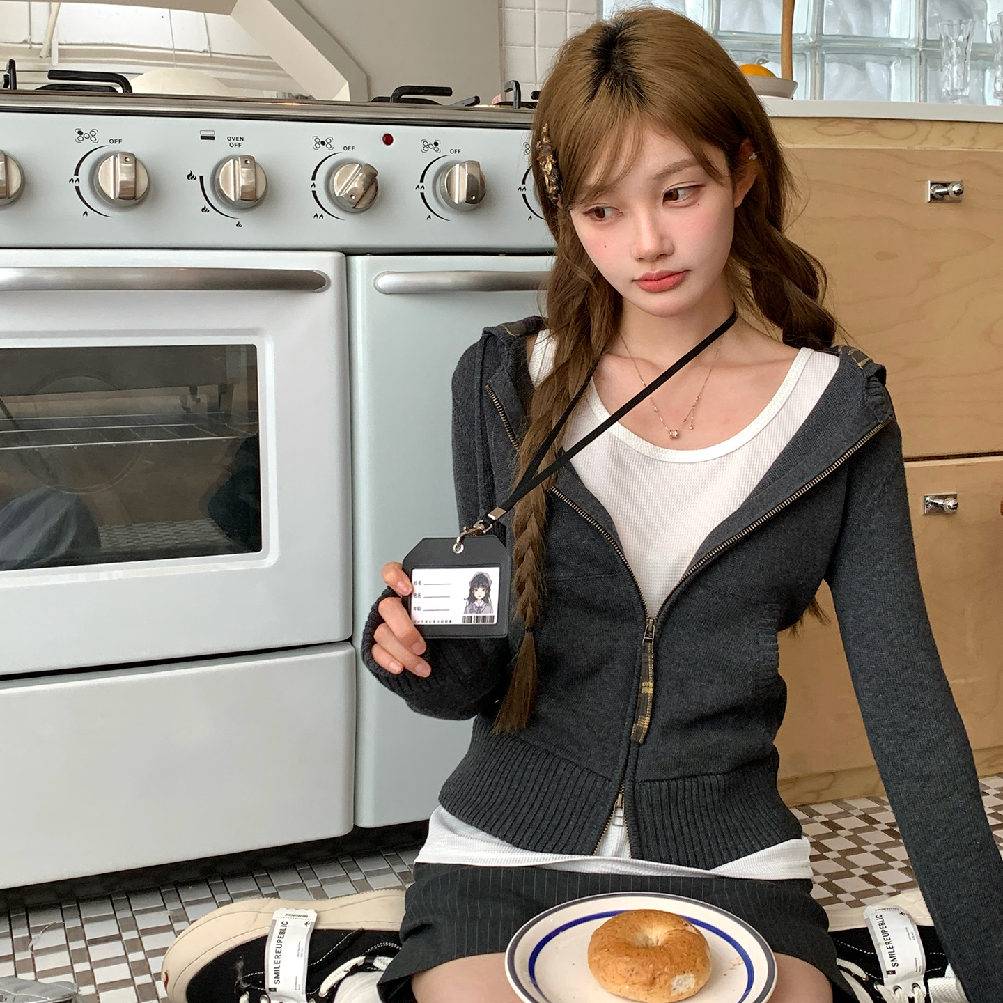 东京岁时记灰色拉链针织开衫外套