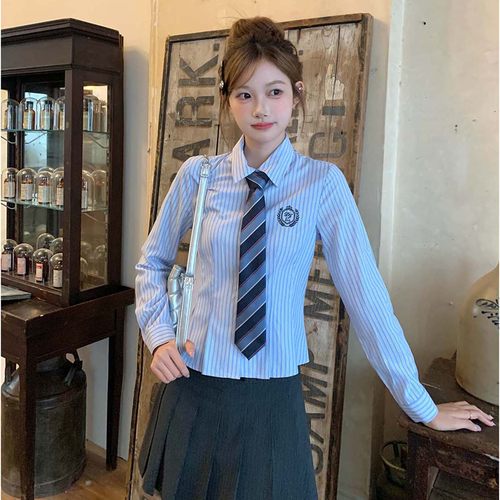 蓝色条纹衬衫女学院风小个子衬衣