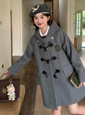 东京岁时记jk秋冬新款牛角扣连帽大衣灰色中长款毛呢外套莱克学院