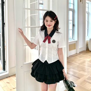 东京岁时记jk原创学院风撞色领衬衫 上衣 女夏甜酷少女翻领白色短袖