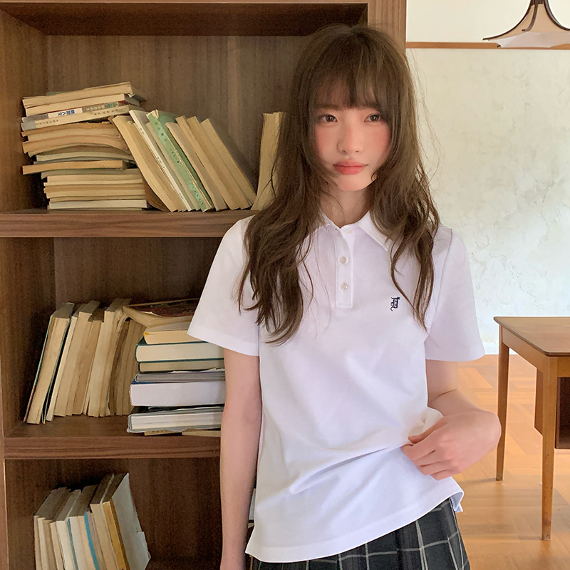 polo衫女日系甜妹刺绣T恤