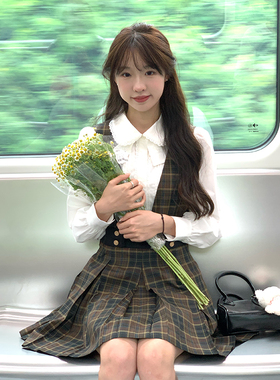 松果小姐连衣裙女小个子收腰学院风衬衫连衣裙套装棕东京岁时记jk