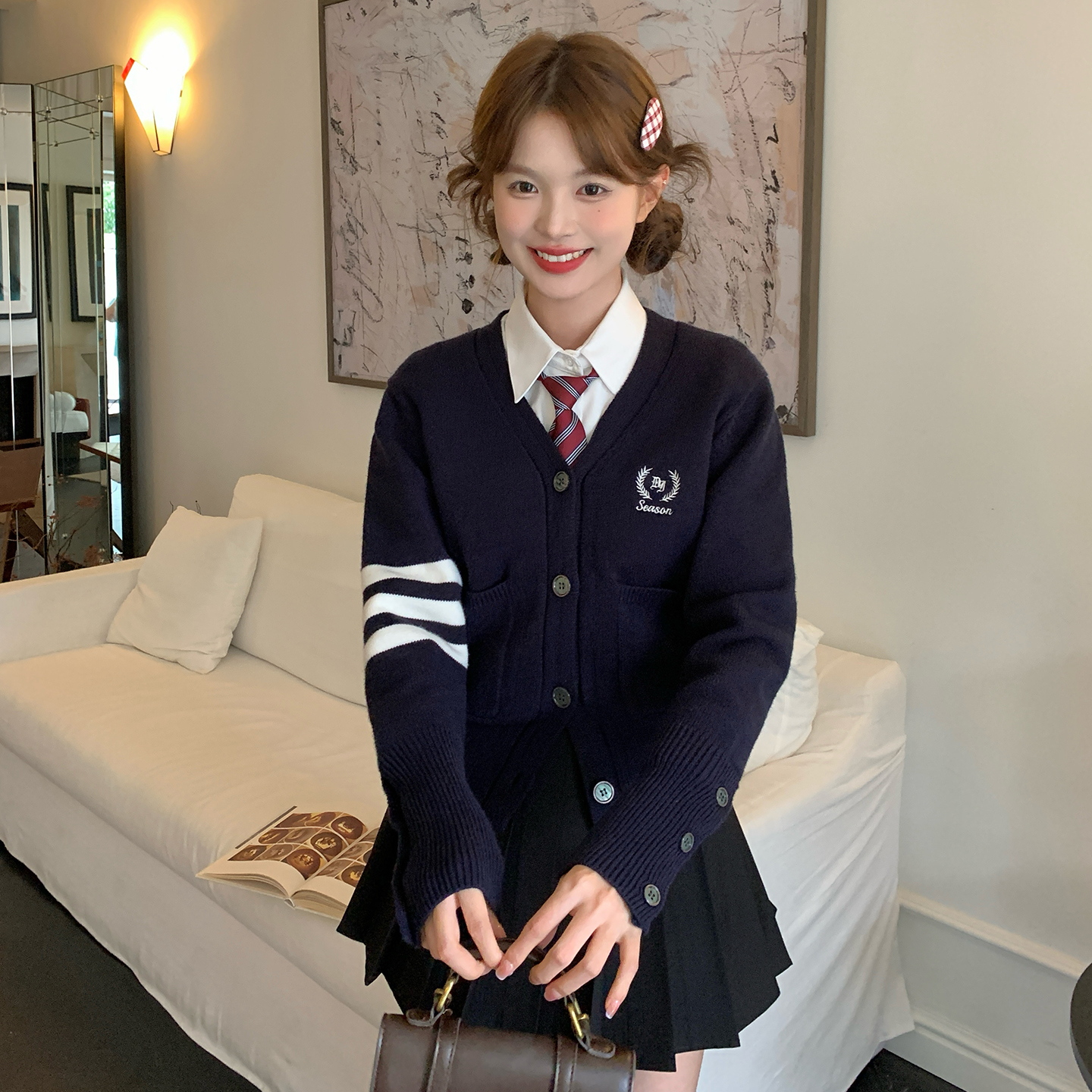 藏青色显瘦针织开衫秋冬东京百搭