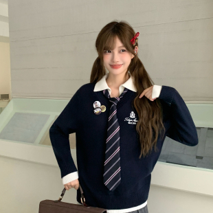 东京岁时记jk秋冬学院风撞色翻领毛衣藏青色小个子假两件套头上衣