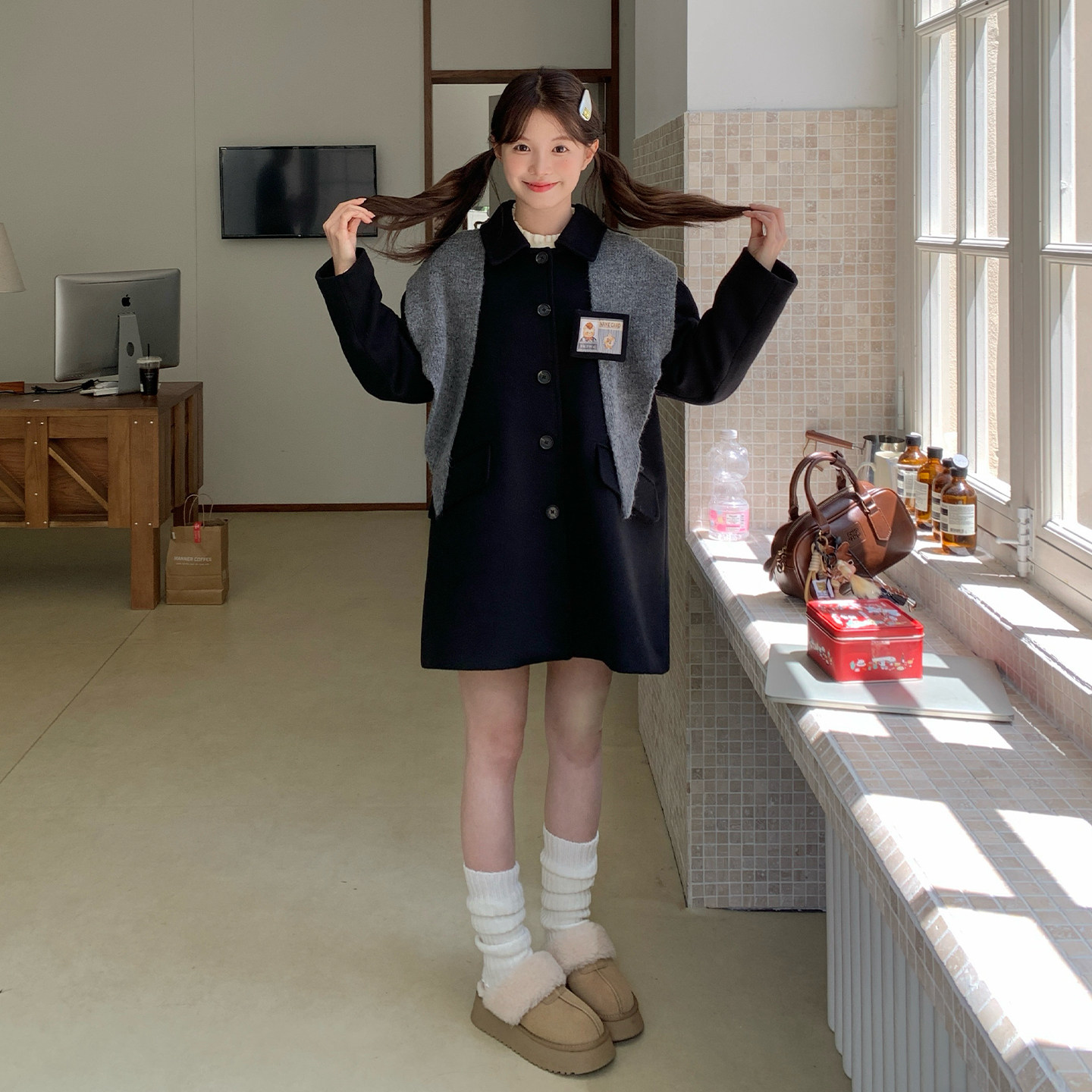 东京岁时记jk秋冬学院风黑色日系毛呢外套小个子灰色围巾帽子大衣
