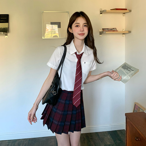 原创设计学院风百褶裙女红色格子
