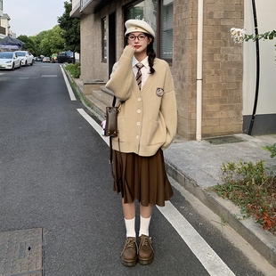 东京岁时记jk学院风毛衣外套棕色慵懒风宽松针织开衫 半身裙两件套