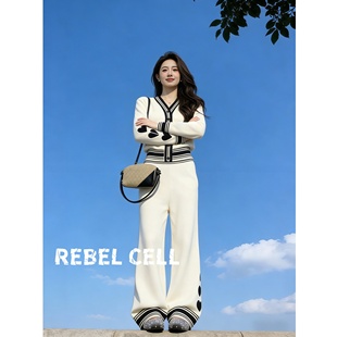 千金套装 时尚 秋冬新款 撞色V领针织开衫 两件套 REBEL 长裤 CELL韩式