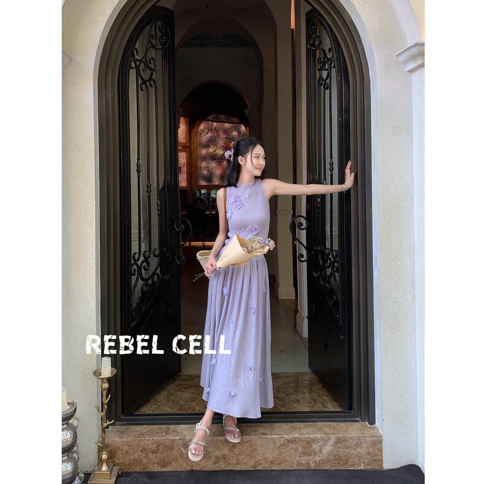 REBEL CELL淑女气质度假风紫色无袖背心套装夏季花朵半身裙两件套