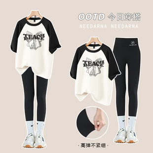 女童纯棉短袖T恤套装夏季2025新款儿童宽松插肩上衣鲨鱼裤两件套