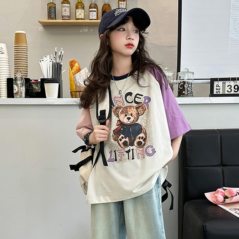 女童短袖T恤夏装2025新款儿童韩版宽松洋气上衣中大童休闲打底衫