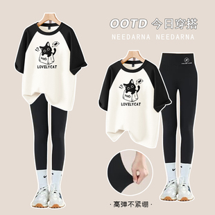 纯棉女童短袖T恤套装2025夏季新款洋气卡通大童鲨鱼裤上衣两件套