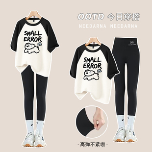 纯棉女童夏装套装2025新款儿童宽松插肩短袖t恤鲨鱼裤大童两件套