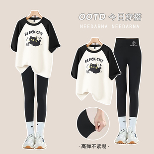 女童纯棉短袖T恤套装夏季2025新款卡通小猫大童鲨鱼裤上衣两件套