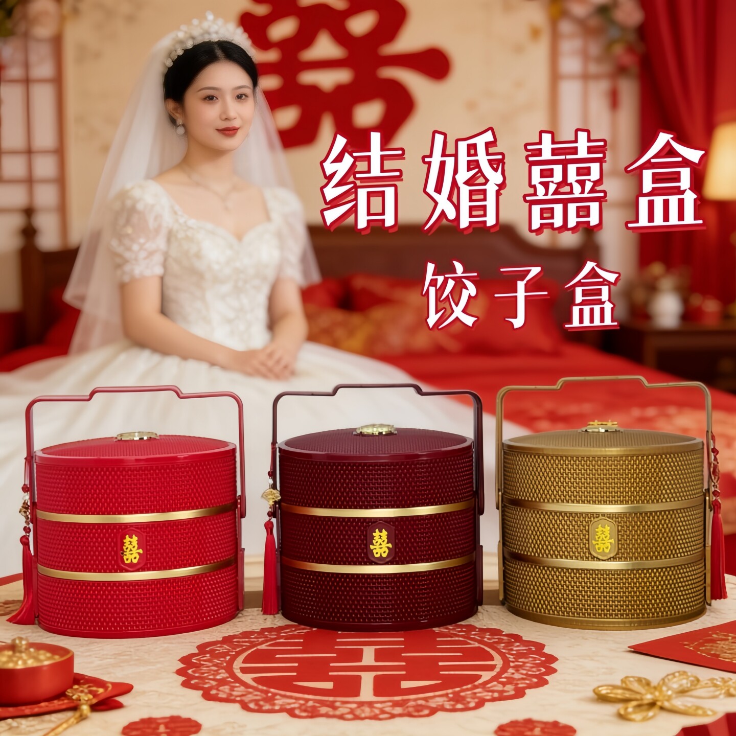 新娘陪嫁礼盒手提结婚订婚糕点喜糖盒新人回礼面条饺子食大包装盒