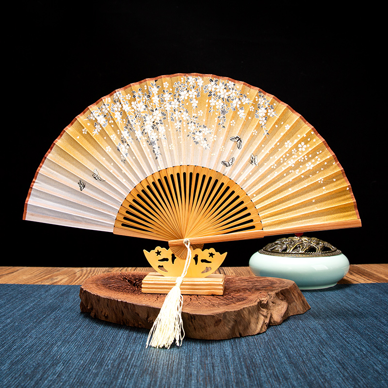 古风女式绫绢樱花折扇中国风日用小扇子日式舞蹈扇汉服工艺礼品扇