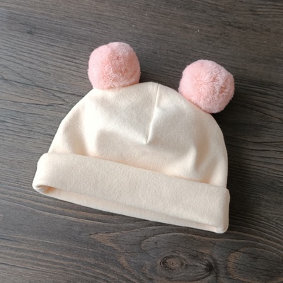 婴儿帽子毛球秋冬保暖胎帽宝宝纯棉护卤门帽婴幼儿套头帽女宝宝